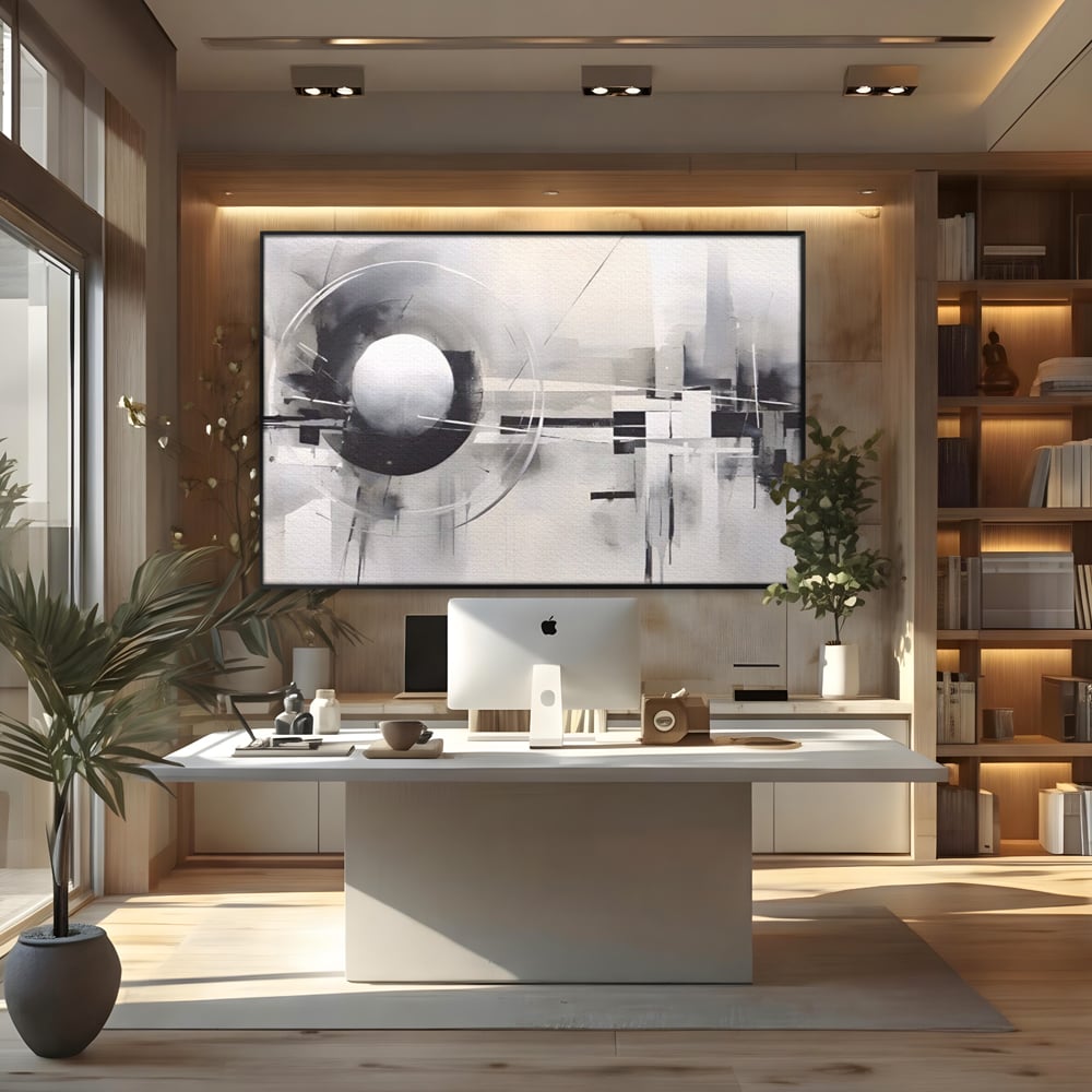 Tablou canvas cu pictura abstracta cu sfera si cercuri, in rama de aluminiu negru, pe perete intr-un birou